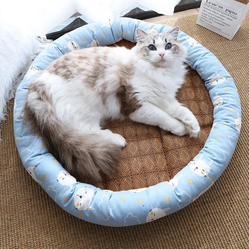 Summer Cat Bed Round Ice Silk Cool Pet Mat Comfortable Kitten Small Dogs Sleeping Bed Cat Nest Sofa Cooling Rattan Pet Matress