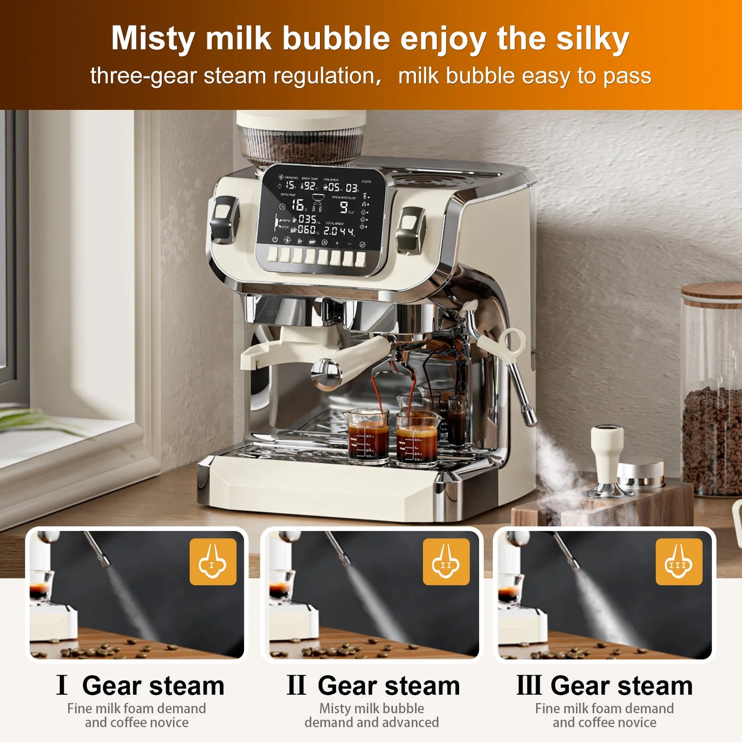 Mcilpoog TC520 Semi Automatic Coffee Machine with Grinder & Steamer, 6-Inch Large Display, Coffee Maker for  Home and Office.
