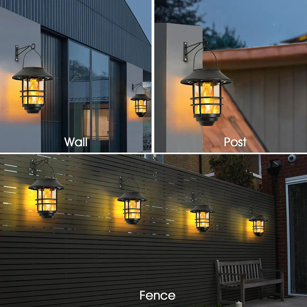 Solar Lantern Outdoor Hanging Wireless Waterproof Flickering Flames Lantern Lights with Wall Mount Kit for Garden Porch Fence