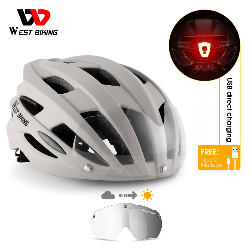 WEST BIKING Cycling Helmet Men Women With Goggles Photochromic Lens Bicycle Helmet Safe Cap Tail Light Bike Motorcycle Helmet