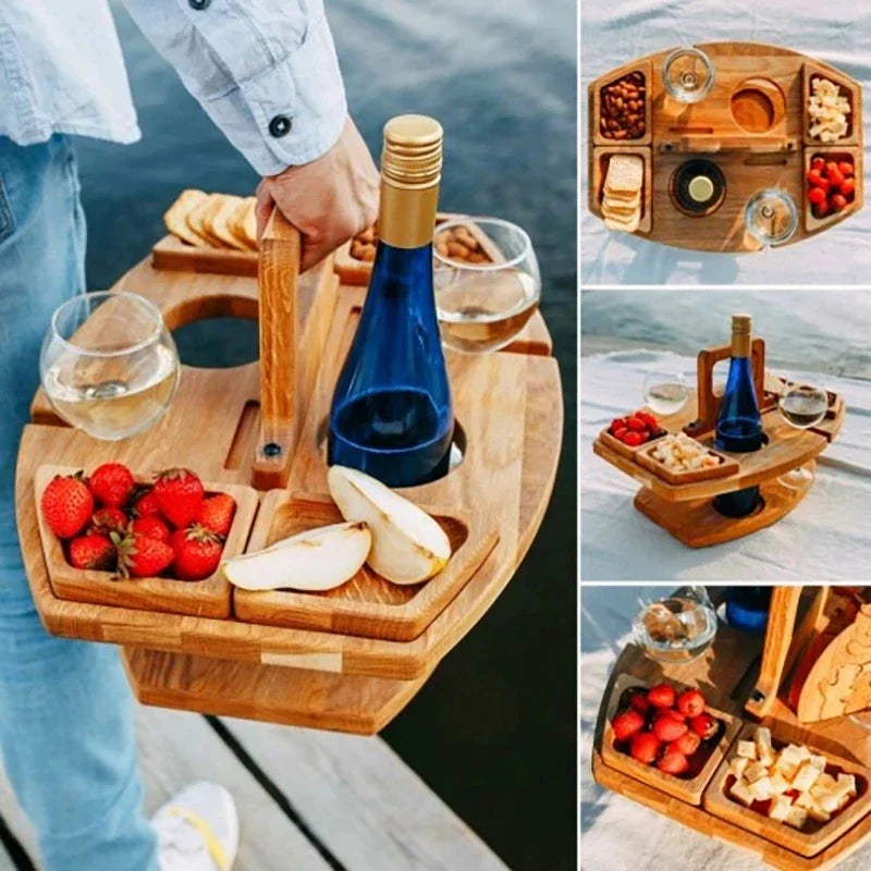 Wooden Folding Picnic Table with Glass Holder Round Foldable Desk Wine Glass Rack Collapsible Table Snack Tray for Garden Party