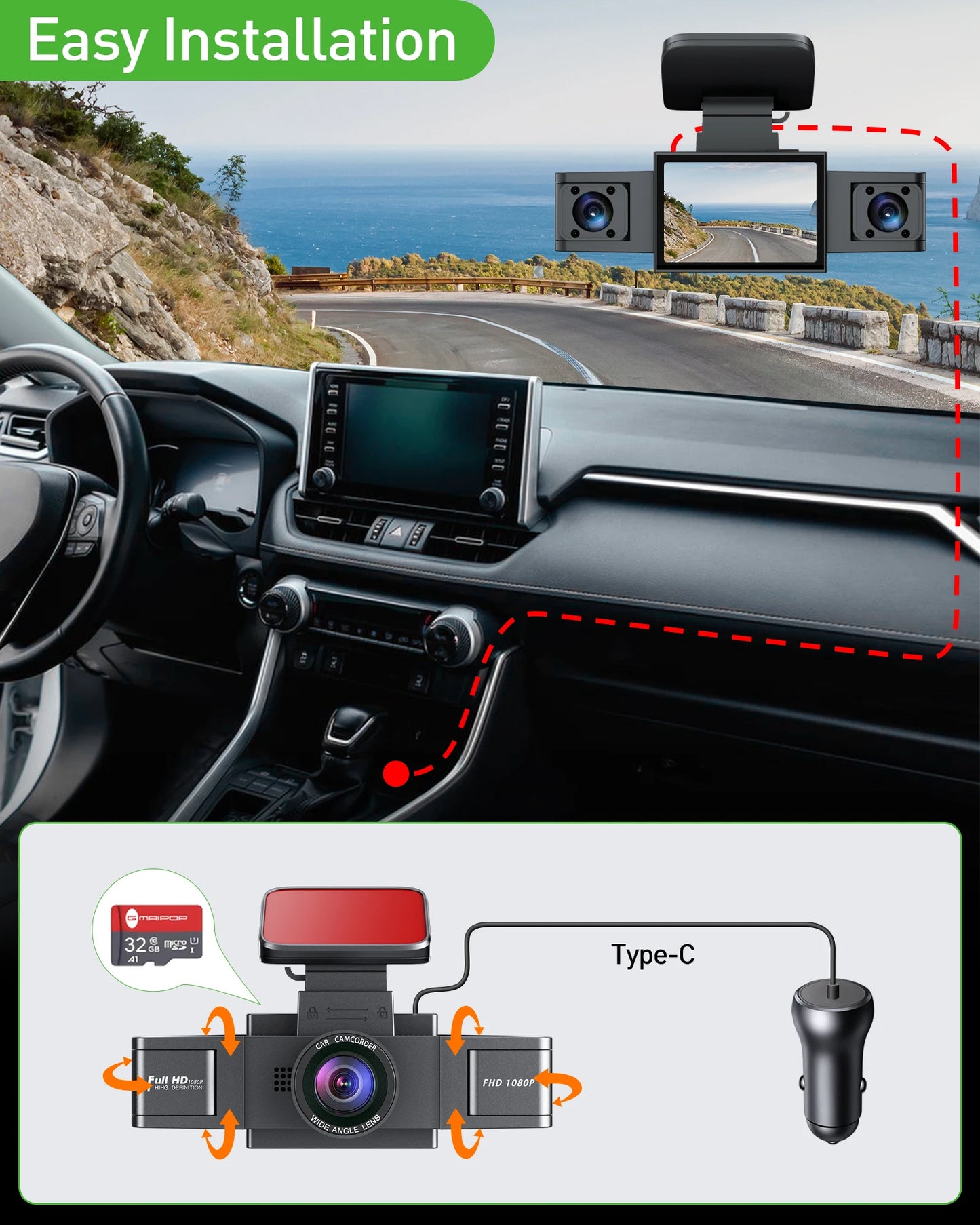 3 Channel Dash Cam Video Recorder Three Lens Car Camera with Rear View DVR 24H Parking Monitor Black Box car accessories