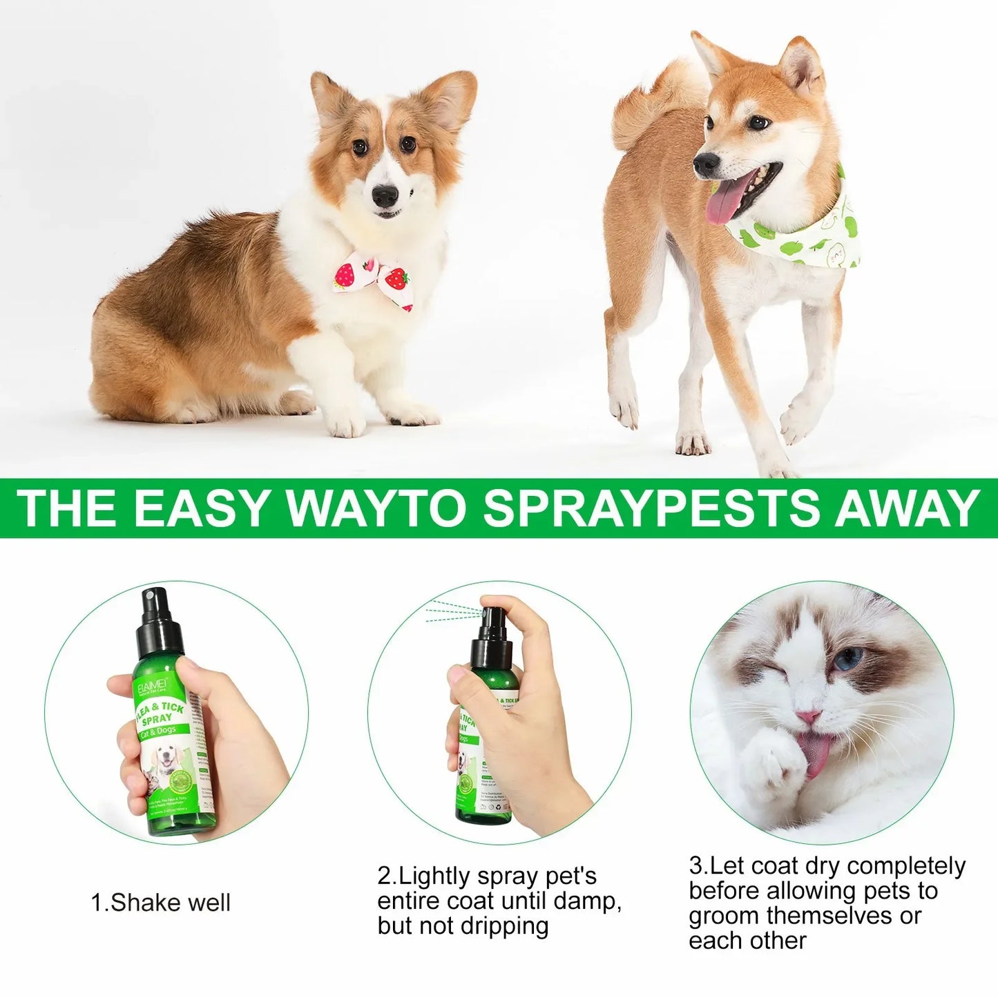 100ml Natural Pet Care Topical Flea&Tick Spray for Dogs&Cats with Fresh Fragrance Peppermint Oil and Eugenol