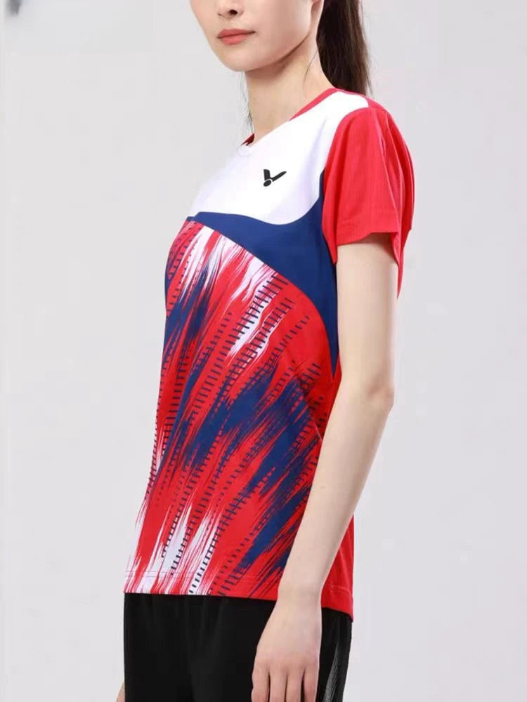 Customized men's and women's badminton T-shirt Breathable sweat absorption quick drying light V-neck tennis training clothes